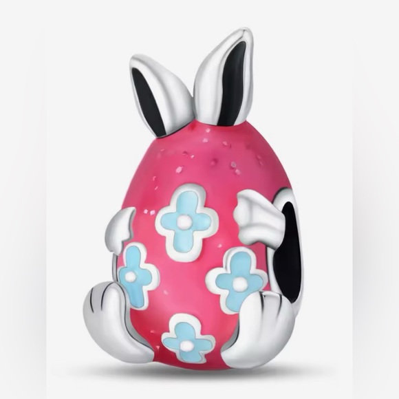 Silver & Pink Egg with Bunny Ears and Floral Design Charm - Picture 1 of 4